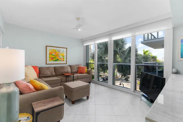 a living room with furniture and a floor to ceiling window