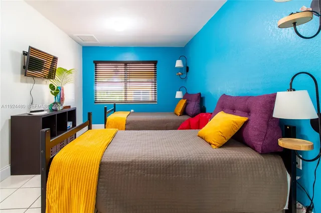 a bedroom with a bed and a flat screen television