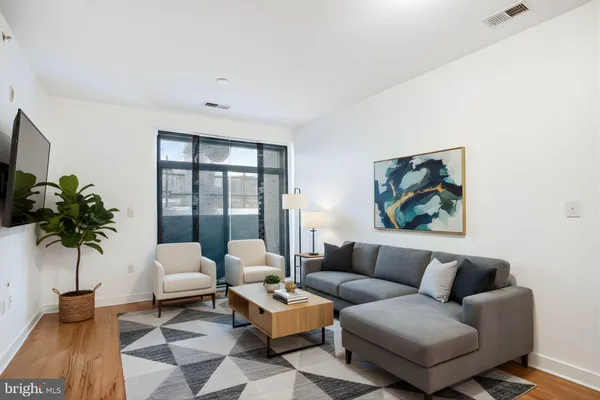 a living room with furniture and a potted plant