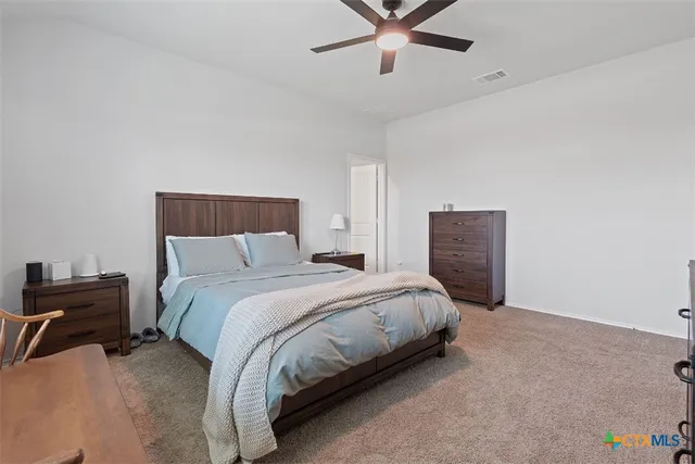 a bedroom with a bed and cabinets