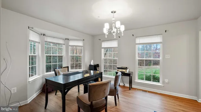 a view of a dining room with furniture wooden floor and chandelier