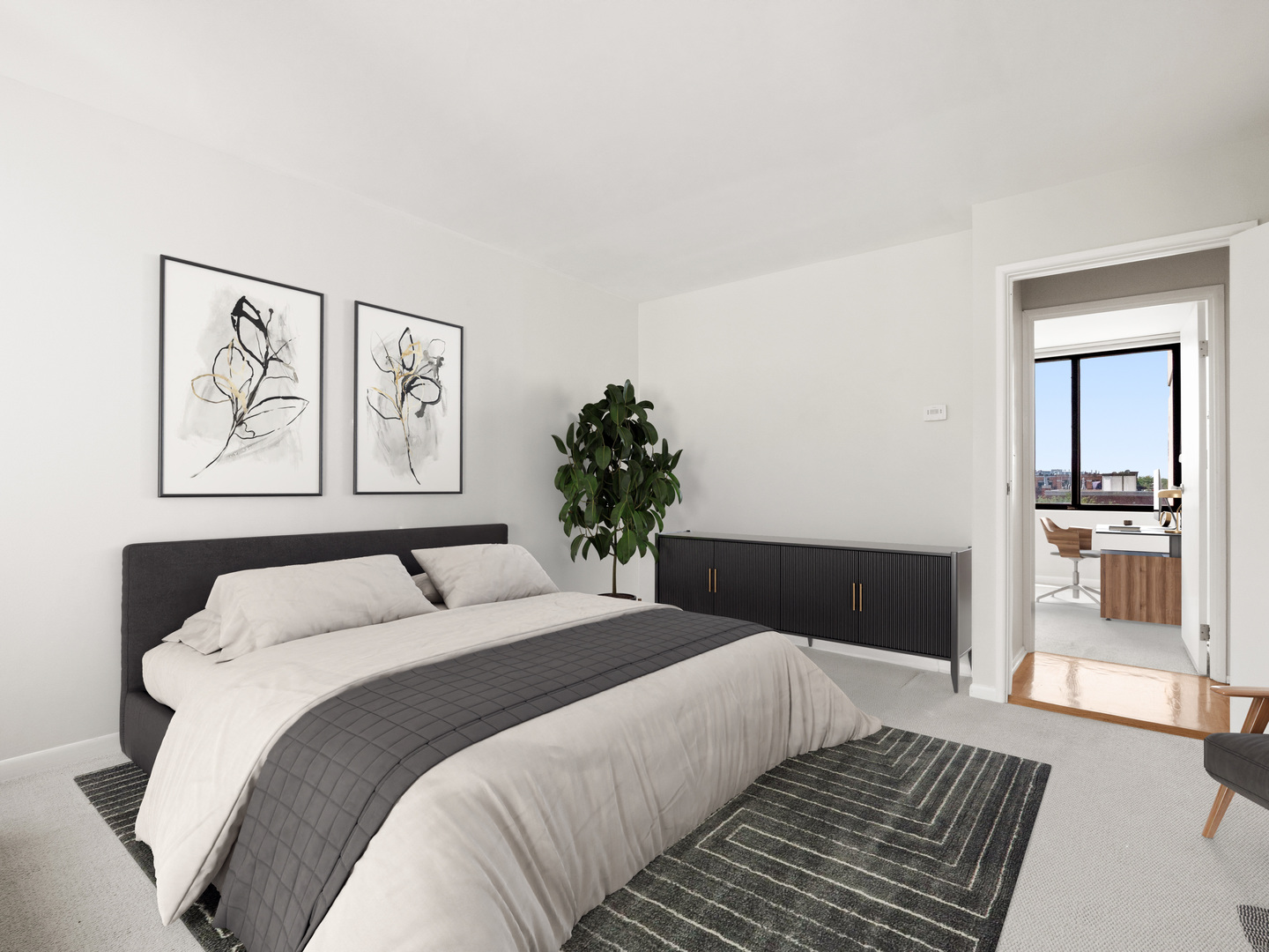 2754 North Hampden Court, Unit 708 Chicago, IL 60614 - Photo 9 of 27 a bedroom with a large bed and a chandelier