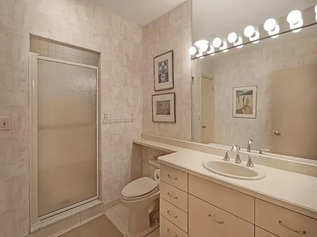 a bathroom with a granite countertop sink a toilet and shower
