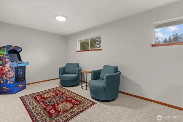 a living room with furniture and a rug