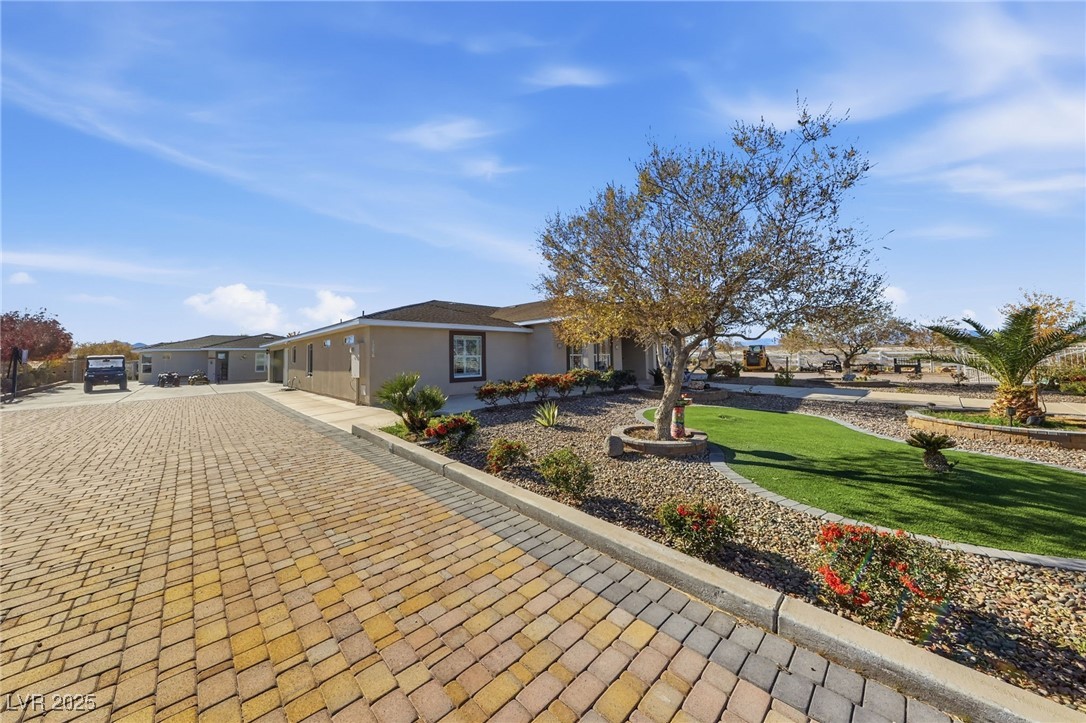 1285 Embry Avenue Moapa, NV 89025 - Photo 21 of 98 View of front facade with a front yard, stucco siding, and driveway