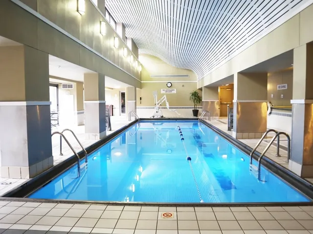a view of an indoor swimming pool