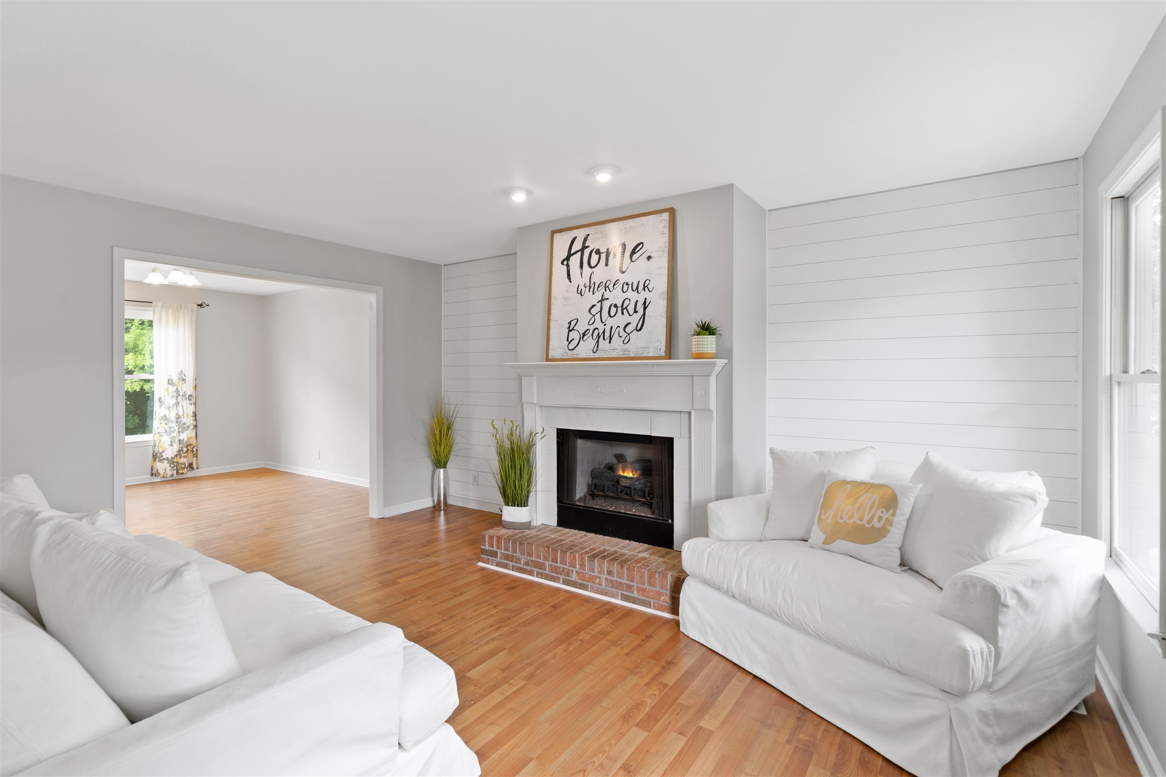 Cozy living room with custom shiplap feature walls