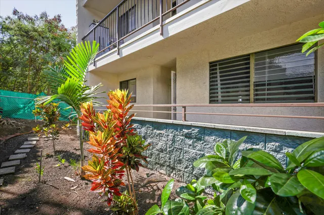 a front view of a house with a yard and potted plants