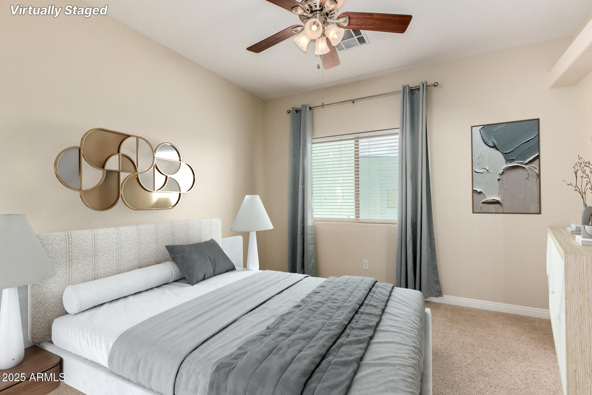 5400 South Hardy Drive, Unit 110 Tempe, AZ 85283 - Photo 12 of 31 a bedroom with a bed and a chandelier