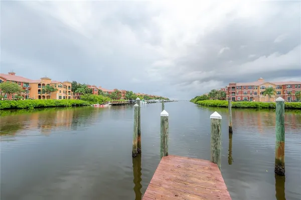 a view of a lake with a city
