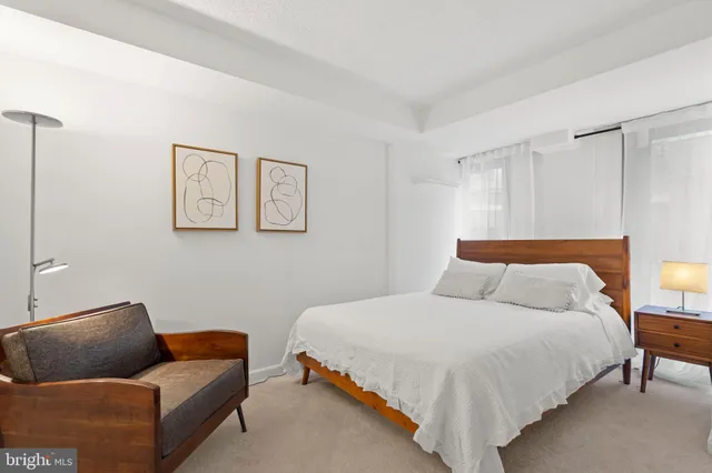 a bedroom with bed and couch