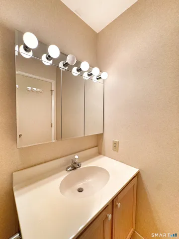 a bathroom with a sink vanity and a mirror