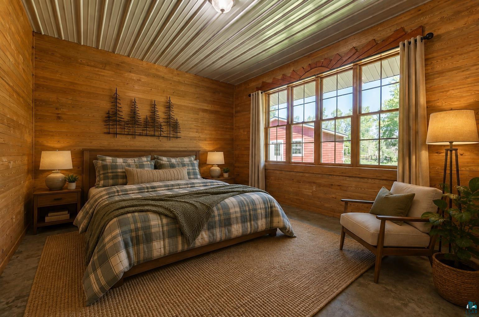 9734 Alango Road Angora, MN 55703 - Photo 45 of 53 Wood-paneled walls and a corrugated metal ceiling