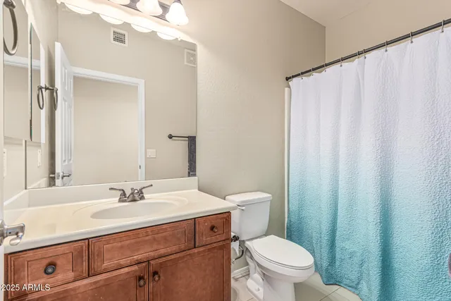 a bathroom with a sink a toilet and shower curtain