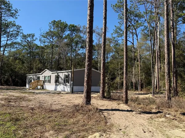 a view of a house with backyard and trees