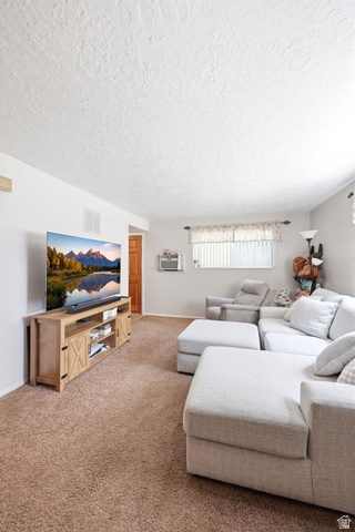 314 West Center Street, Unit F102 Bountiful, UT 84010 - Photo 12 of 29 Carpeted living area featuring a neutral color palette, textured ceiling, and a window with blinds