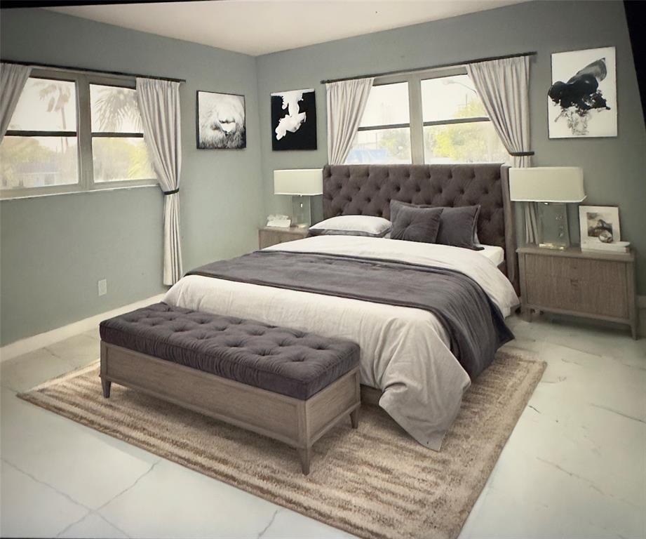 a bedroom with a bed and window