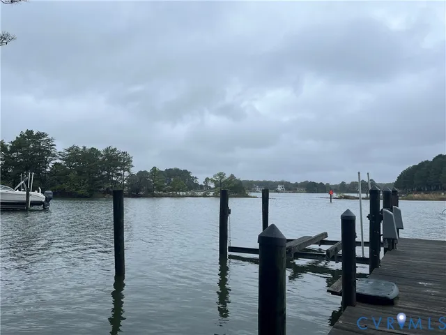 a view of a lake with boats and trees in the background