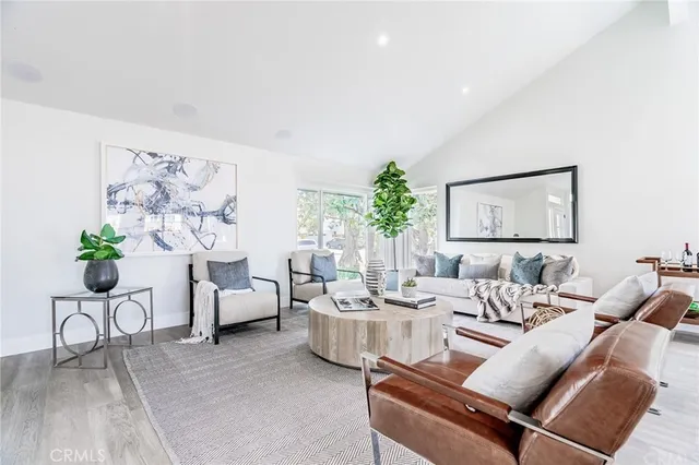 a living room with furniture and a potted plant