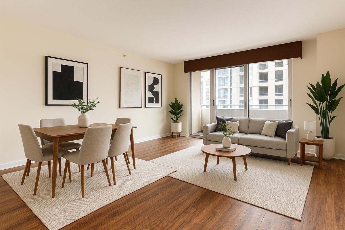 545 North Dearborn Street, Unit 902 Chicago, IL 60654 - Photo 2 of 16 a living room with furniture a flat screen tv and a large window