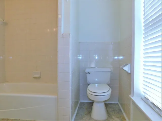 a bathroom with a toilet and a bathtub
