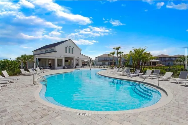 an aerial view of a house with a swimming pool