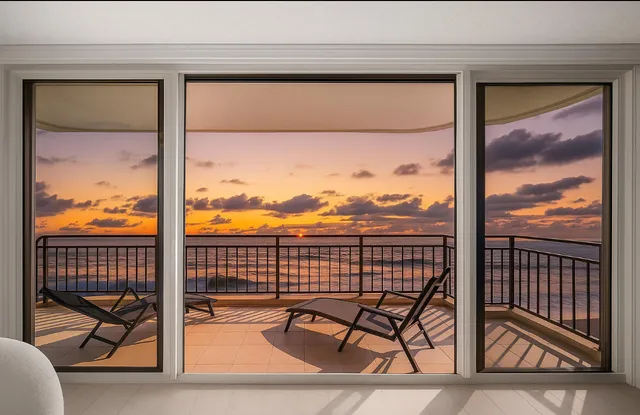 a view of balcony with wooden floor