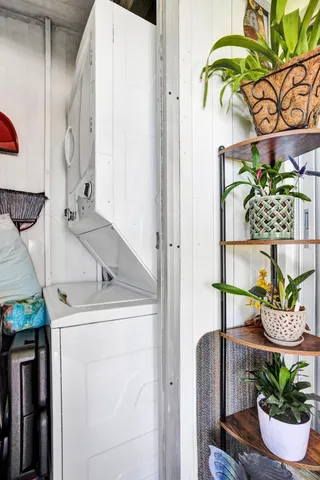 a view of a swimming pool with a garden and plants