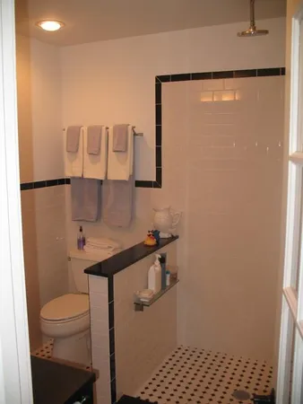 a bathroom with a shower toilet and sink