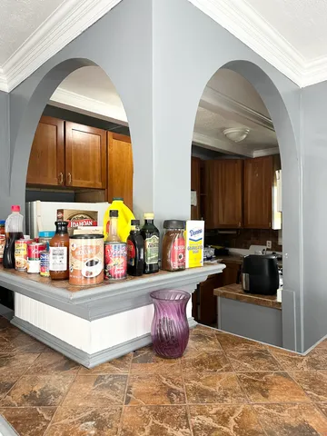 a kitchen with lots of counter top space