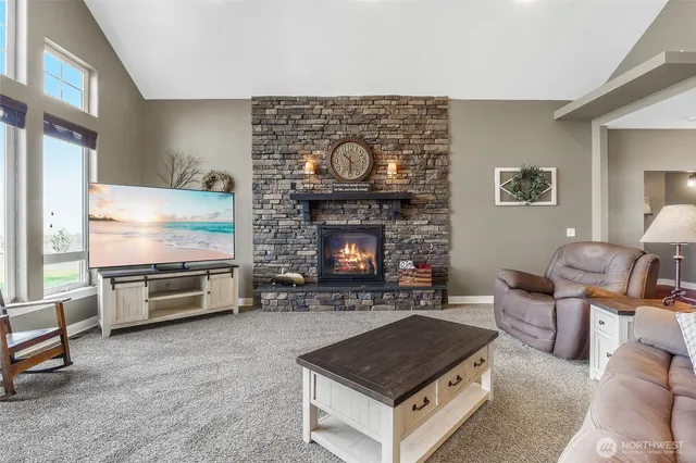 a living room with furniture a flat screen tv and a fireplace