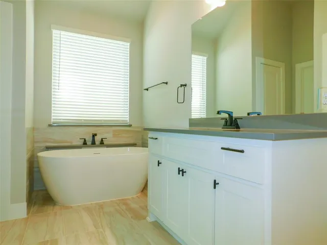 a bathroom with a tub sink and mirror