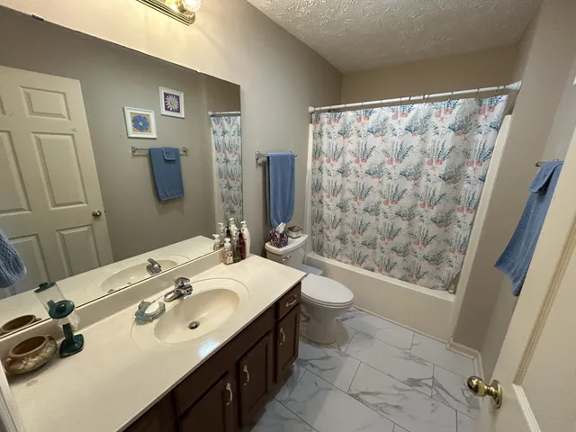 a bathroom with a double vanity sink toilet and shower