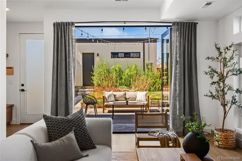 a living room with furniture and a potted plant