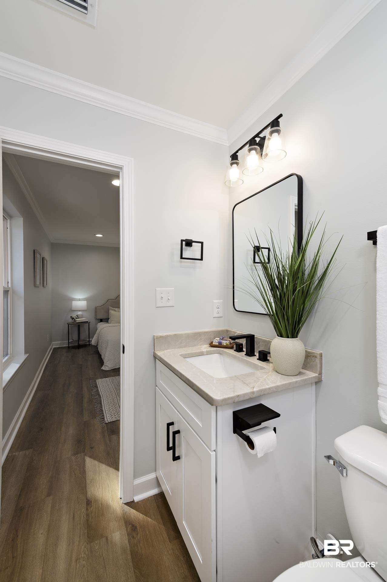6001 Camp Halls Mill Road Mobile, AL 36619 - Photo 36 of 52 Bathroom featuring vanity, ornamental molding, dark wood-type flooring, and ensuite bath