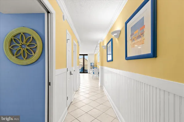 a view of a hallway with painted walls
