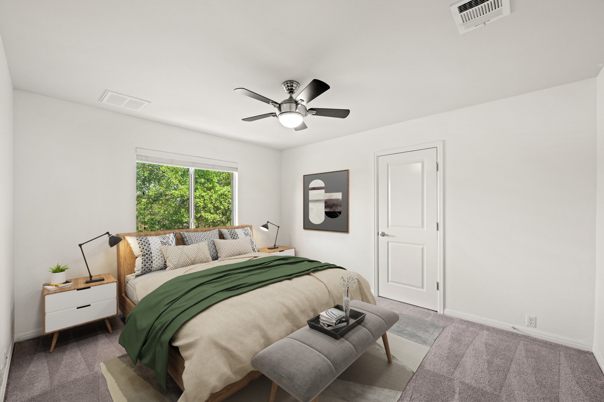 1023 Grassy Field Road Austin, TX 78737 - Photo 29 of 40 Bedroom with shared bath featuring a window with a green outdoor backdrop and overhead ceiling fan with lighting. Virtually staged.