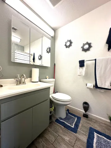 a bathroom with a toilet sink and mirror