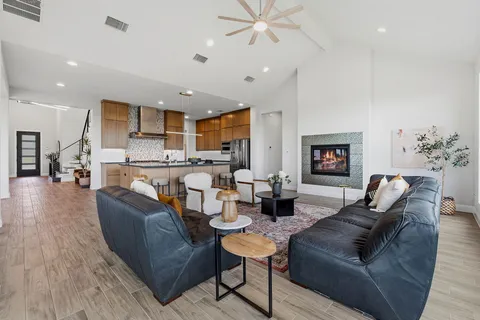 a living room with furniture and a fireplace