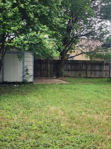 a view of a backyard with potted plants and large tree