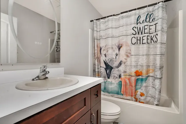 a bathroom with a sink a toilet and shower curtain