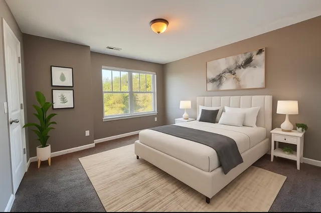 a spacious bedroom with a bed and glass window