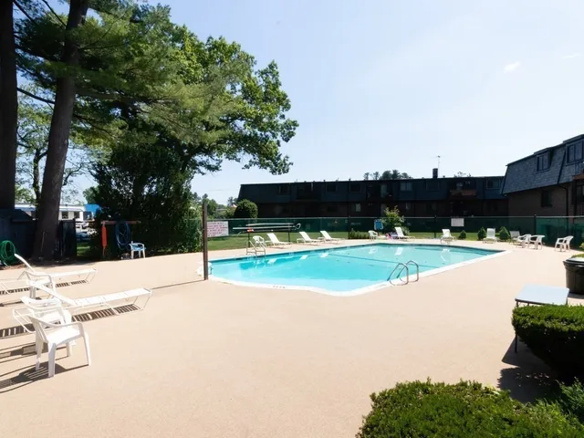 a view of a swimming pool with a yard
