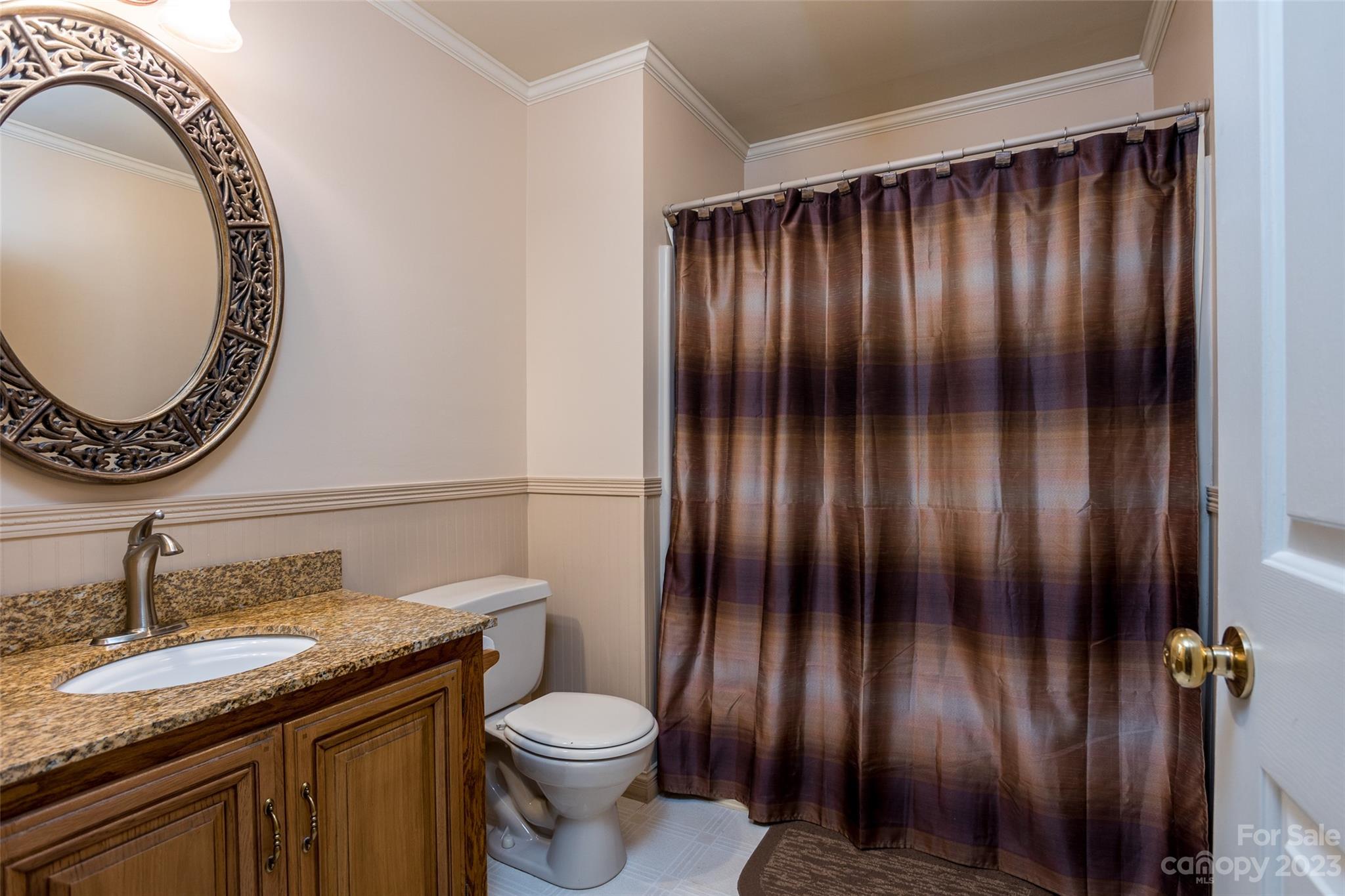 256 Georgewoods Drive Dallas, NC 28034 - Photo 23 of 45 a bathroom with a granite countertop toilet a sink and a mirror