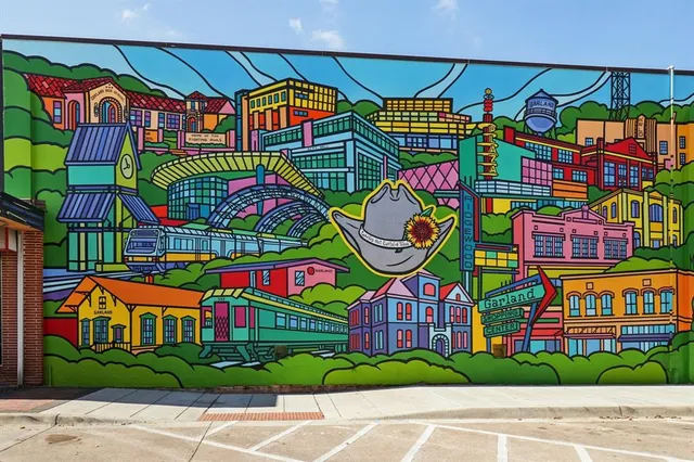 a view of a brick building with many windows