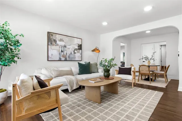 a living room with furniture a rug and a potted plant