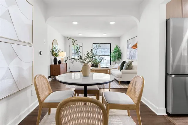 a view of a dining room with furniture