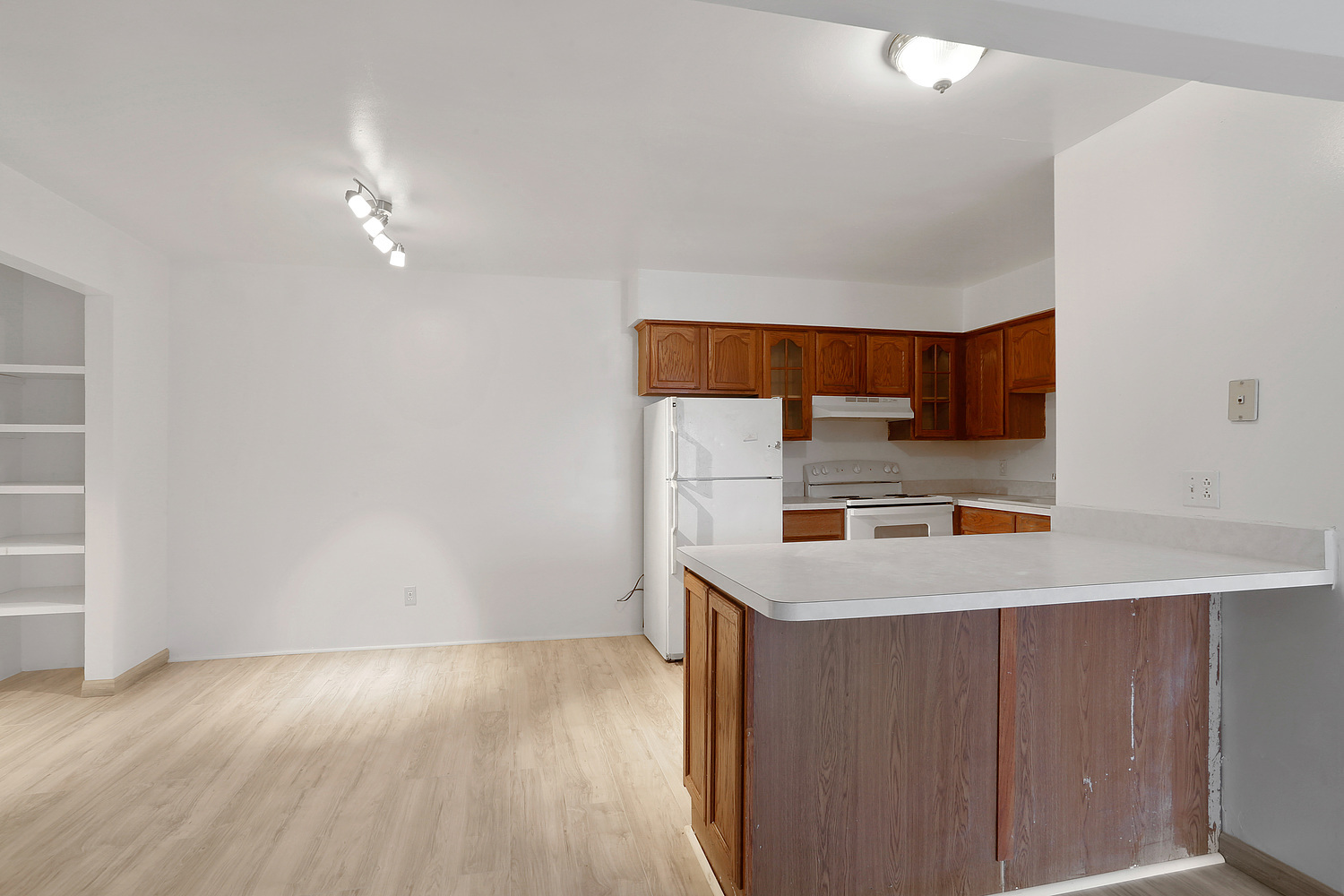 20206 South Frankfort Square Road, Unit F Frankfort, IL 60423 - Photo 5 of 16 a kitchen with a wooden floor and white cabinets