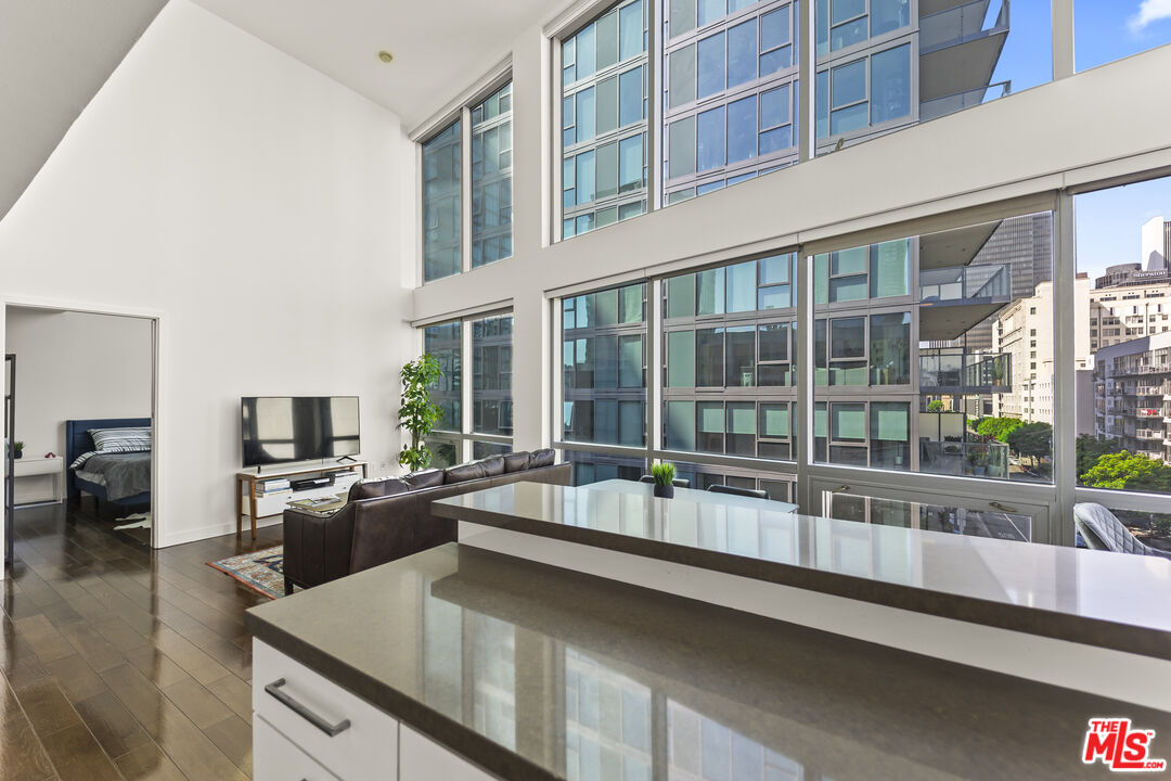901 Flower Street, Unit 700 Los Angeles, CA 90015 - Photo 5 of 55 a large kitchen with a large window and stainless steel appliances