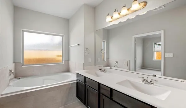 a bathroom with a tub double sink and a mirror